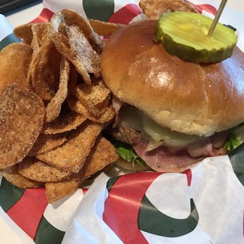 The Loaded Burger - Cuban burger with side of chips - American Near Me The Loaded Burger - Cuban burger with side of chips - American Near Me