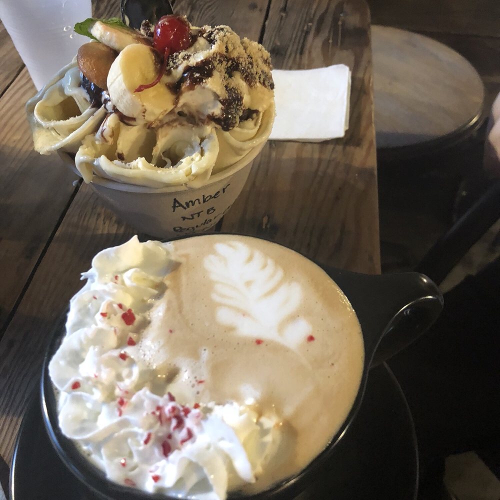 Two Cities Coffee Roasters - Peppermint latte & rolled banana ice cream with whip cream+chocolate syrup instead of Nutella - Coffee Roasteries Near Me - Clovis, California Two Cities Coffee Roasters - Peppermint latte & rolled banana ice cream with whip cream+chocolate syrup instead of Nutella - Coffee Roasteries Near Me - Clovis, California