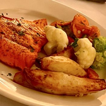 Brunello Trattoria Restaurant & Bar - SALMON Pan-roasted salmon with pesto sauce, seasonal vegetable saute, roasted potatoes - Italian Near Me - Flemington, New Jersey