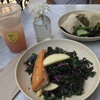 Flower Child - Kale Salad with Salmon, Flower Child Seasonal Lemonade or Iced Tea, wrap - Salad Near Me - Austin, Texas