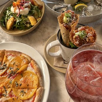 Malibu Farm - Butternut squash pizza, burrata salad, ahi poke cones, oysters, house spritz - Coffee & Tea Near Me - Tiburon, California Malibu Farm - Butternut squash pizza, burrata salad, ahi poke cones, oysters, house spritz - Coffee & Tea Near Me - Tiburon, California