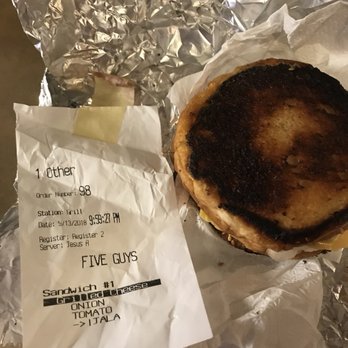 Five Guys - Beyond burnt and can't believe the chief Would wrap that up and send me home With it the worst $5.05 spent on a grill cheese ever! - Burgers Near Me - La Quinta, California Five Guys - Beyond burnt and can't believe the chief Would wrap that up and send me home With it the worst $5.05 spent on a grill cheese ever! - Burgers Near Me - La Quinta, California