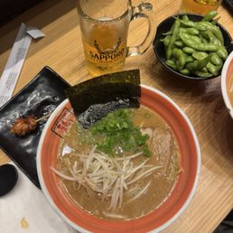 Miso Ramen and garlic edamame