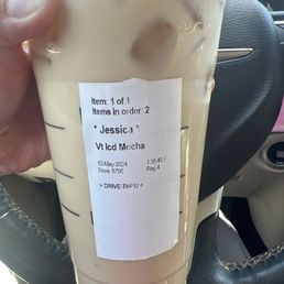 Iced white mocha with an iced mocha sticker.