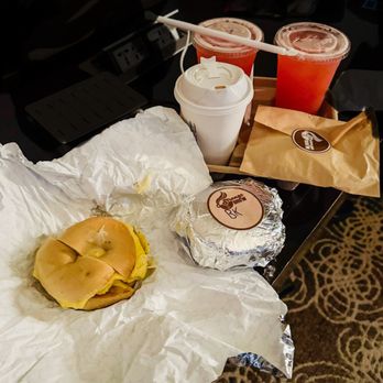 Strange Brew Cafe - 2 egg bagels, 2 strawberry lemonades, a blueberry scone in bag, coffee - Cafes Near Me - Binghamton, New York