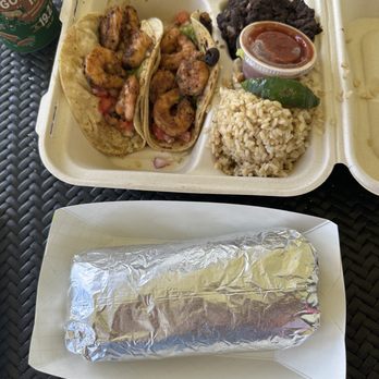 Da Crack Mexican Grinds - Pork burrito w/ pinto beans, brown rice, and chipotle sour cream  Shrimp tacos (gf) on corn tortillas w/ side of beans (no cheese) and rice - Mexican Near Me - Koloa, Hawaii