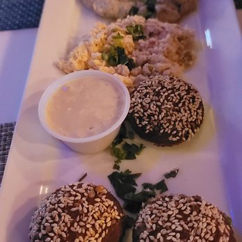 Fusion Restaurant & Bar - Three app platter.  Falafel. Spicy feta, baba ganoush, tahini.  Really good but need 3 to 4 people. - Mediterranean Near Me - Mcdonough, Georgia