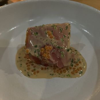 Heritage - Seared Diver Scallop with Jamon and Trout Roe - Modern European Near Me - Long Beach, California Heritage - Seared Diver Scallop with Jamon and Trout Roe - Modern European Near Me - Long Beach, California