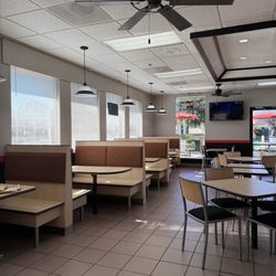 Dining area is renovated and clean.