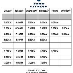 Toro Fitness - Session Schedule