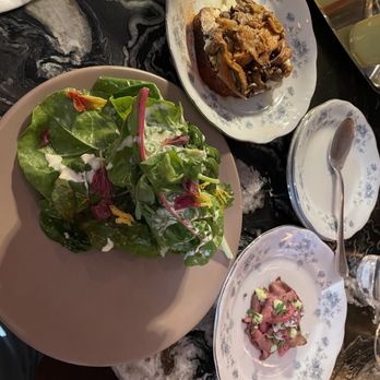 Myriel - early summer greens, pea pods and shoots, vili dressing $13 - New American Near Me - Saint Paul, Minnesota