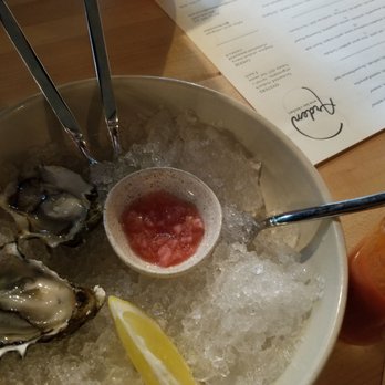 Arden - Oysters with mignonette and house made carrot and red pepper sauce - New American Near Me - Portland, Oregon Arden - Oysters with mignonette and house made carrot and red pepper sauce - New American Near Me - Portland, Oregon