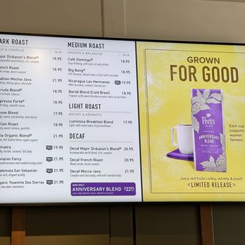Peet's Coffee - Coffee menu at Peet's Coffee at the Pinole Valley Shopping Center in Pinole. - Coffee & Tea Near Me - Pinole, California