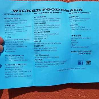 Wicked Food Shack - The menu. Don't see something you like, come back as they are adding to it. - Hot Dogs Near Me - Lafayette, Indiana Wicked Food Shack - The menu. Don't see something you like, come back as they are adding to it. - Hot Dogs Near Me - Lafayette, Indiana