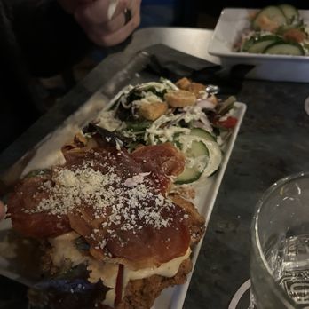 Fork & Tumbler - Fried chicken sandwich with side salad - Tapas/Small Plates Near Me - Lawrence, Kansas Fork & Tumbler - Fried chicken sandwich with side salad - Tapas/Small Plates Near Me - Lawrence, Kansas