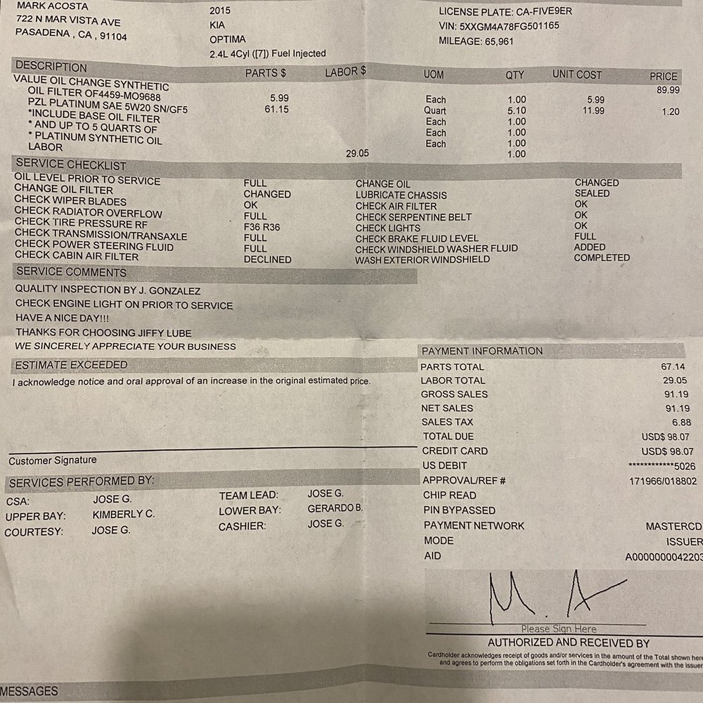 Jiffy Lube Oil Change - My receipt not signed by me! - Auto Repair Near Me - Pasadena, California Jiffy Lube Oil Change - My receipt not signed by me! - Auto Repair Near Me - Pasadena, California