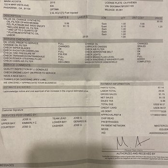 Jiffy Lube Oil Change - My receipt not signed by me! - Auto Repair Near Me - Pasadena, California