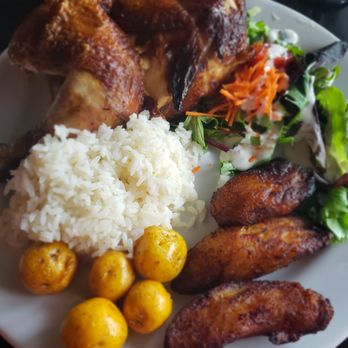 Sofrito Latin Cafe - The pollo a la brasa with sweet plantains, white rice, house salad and papa criolla. - Latin American Near Me - Orlando, Florida Sofrito Latin Cafe - The pollo a la brasa with sweet plantains, white rice, house salad and papa criolla. - Latin American Near Me - Orlando, Florida
