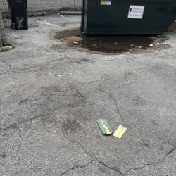 Family Dollar - Unsanitary garbage cans and open dumpsters and standing water outside family dollar parking lot
