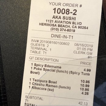 Aka Sushi and Ramen - Receipt - Sushi Bars Near Me - Hermosa Beach, California Aka Sushi and Ramen - Receipt - Sushi Bars Near Me - Hermosa Beach, California