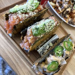 2 salmon tacos and pork belly