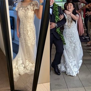 Sunrise Couture Alteration - Left: original dress (used, over a foot too long); Right: after shortening the hemline - Sewing & Alterations Near Me - Seattle, Washington