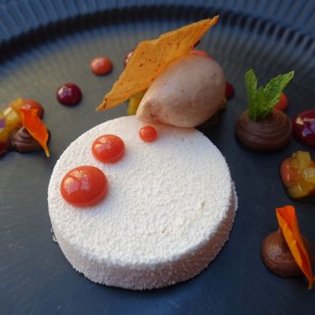 Era Ora - Yogurt Semifreddo, Fresh and Creamed Peaches, Mint, Nasturtium, Madagascar Chocolate, Cinnamon Biscuit @endoedibles on Instagram for more - Italian Near Me - Copenhagen, 84