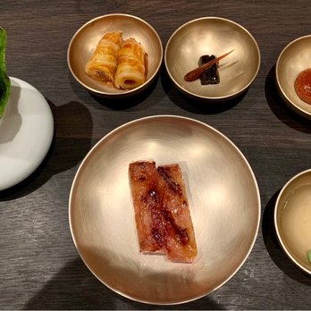 Benu - Charcoal grilled pork cheek with tomato meju, persimmon kimchi, preserved ramps, shiso leaves - Asian Fusion Near Me - San Francisco, California