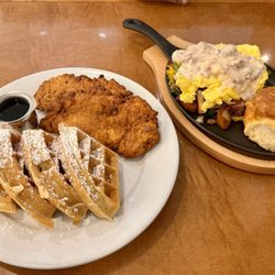 Peach Valley Café - Chicken and Waffles with blueberry butter and cajun syrup   Peach valley skillet