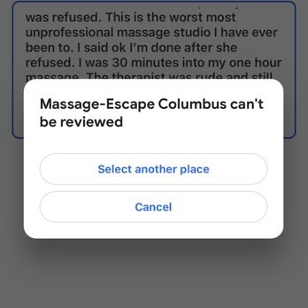 Massage-Escape Columbus - They turned off the review option after I told them I was going to leave a review of my experience. This business is beyond unprofessional. - Massage Therapy Near Me - Columbus, Ohio Massage-Escape Columbus - They turned off the review option after I told them I was going to leave a review of my experience. This business is beyond unprofessional. - Massage Therapy Near Me - Columbus, Ohio