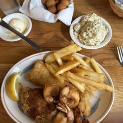 Lee's Inlet Kitchen - Flounder, shrimp and crab. Fries, slaw and pups.