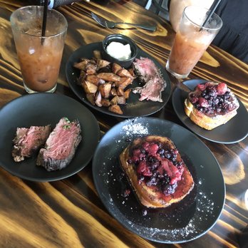Novellus - Bloody Mary's, Beef Tenderloin, and Stuffed French Toast (one order of each but split on two plates). - New American Near Me - Saint Charles, Missouri