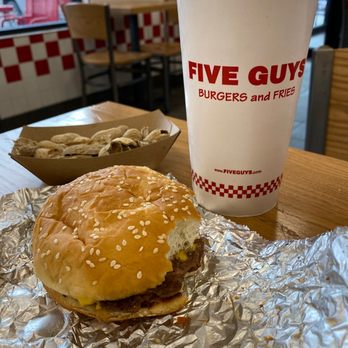 Five Guys - A Little Burger and drink with the standard complimentary peanuts - Burgers Near Me - Fishkill, New York