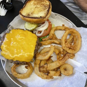 Forgot Store - Cheeseburger with up charge onion rings (none have been eaten) - Dive Bars Near Me - Omaha, Nebraska