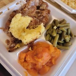 Nene's Table - Smothered Porkchops, Yams, Green Beans.