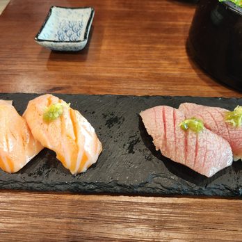 EBISU - Sake-toro (salmon belly) left and chu-toro (tuna belly) right. - Japanese Near Me - Elk Grove, California