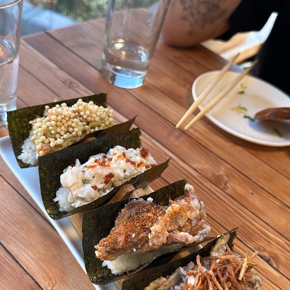 MORU - Handroll (left to right ) : salmon avocado, creamy scallop, soft shell crab , shiitake mushroom - Japanese Near Me - Fort Lee, New Jersey MORU - Handroll (left to right ) : salmon avocado, creamy scallop, soft shell crab , shiitake mushroom - Japanese Near Me - Fort Lee, New Jersey