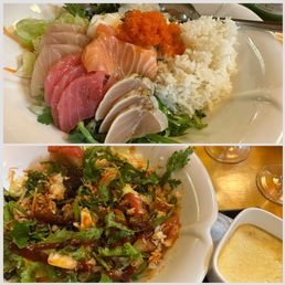 Chirashi bowl(Korean dish Hoe-deobap of rice mixed with fresh fish, and a spicy, tangy sauce made from gochujang). Chirashi bowl(Korean dish Hoe-deobap of rice mixed with fresh fish, and a spicy, tangy sauce made from gochujang).