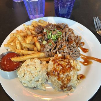 Hapa J's - Teriyaki Beef Plate with Mac Salad, French fries and the pineapple Pineapple Portuguese Sausage Fried Rice - Hawaiian Near Me - San Clemente, California