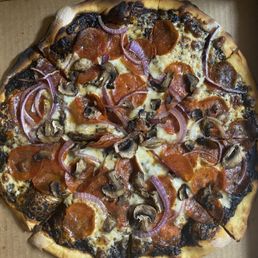 Medium garlic sauce pizza with pepperoni, mushrooms and red onions. Medium garlic sauce pizza with pepperoni, mushrooms and red onions.