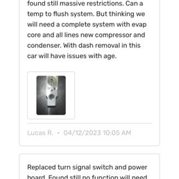 The image shows a digital vehicle service report from Juke Auto, including technician notes about replacing an expansion valve and other repairs. A small photo of a car part is included, along with timestamps and the technician's name. A red box highlights the phrase 'Black Death' within the text, indicating a notable issue or note. The report displays a total cost of $1,538.65 and the website URL of the auto shop at the bottom.