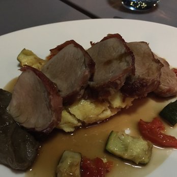 East Coast Dining Room - Pork tenderloin wrapped in prosciutto, aubergine purée, roast peppers and courgettes, Parmesan polenta - British Near Me - Whitstable, KEN