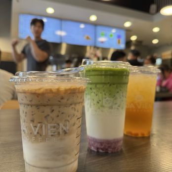 Da Vien Coffee - Marble Drip, Strawberry Milk Matcha, and Peach Tea from left to right! Service was friendly and quick - Coffee & Tea Near Me - Cerritos, California
