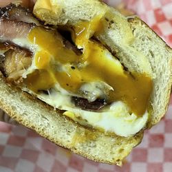 Matt's Banging BBQ and Healthy Eats - Smoked pork belly, egg, cheese and Carolina Gold BBQ sauce