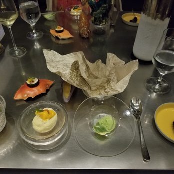 Alinea - Course 3: seafood extravaganza with chicken skin and sorbet - New American Near Me - Chicago, Illinois