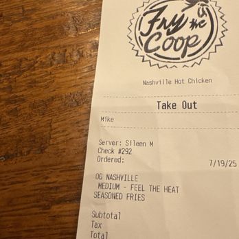 Fry the Coop - Receipt - American Near Me - Oak Lawn, Illinois