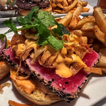 BIN 4 Burger Lounge - Seared rare sesame crusted ahi tuna, crispy wontons - Burgers Near Me - Burnaby, British Columbia BIN 4 Burger Lounge - Seared rare sesame crusted ahi tuna, crispy wontons - Burgers Near Me - Burnaby, British Columbia