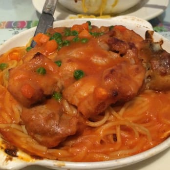 Cafe Orchid - Baked chicken chop over spaghetti with tomato sauce - Chinese Near Me - Millbrae, California Cafe Orchid - Baked chicken chop over spaghetti with tomato sauce - Chinese Near Me - Millbrae, California