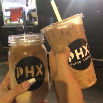 Phx Grind Coffee - Caramel macchiato 24 oz jar & medium horchata w espresso shot - Coffee & Tea Near Me - Tolleson, Arizona