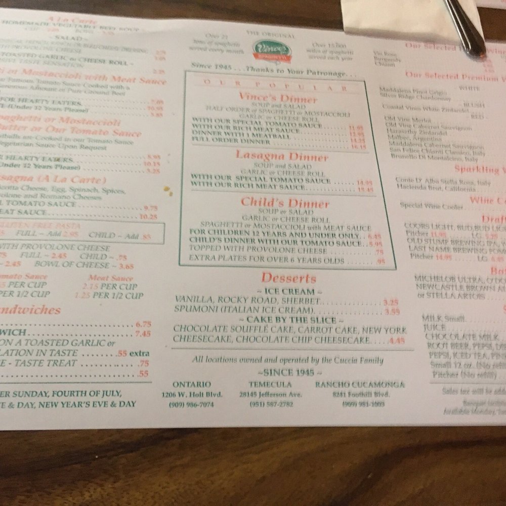 Vince's Spaghetti - Menu - Italian Near Me - Ontario, California Vince's Spaghetti - Menu - Italian Near Me - Ontario, California